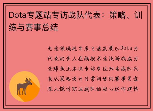 Dota专题站专访战队代表：策略、训练与赛事总结
